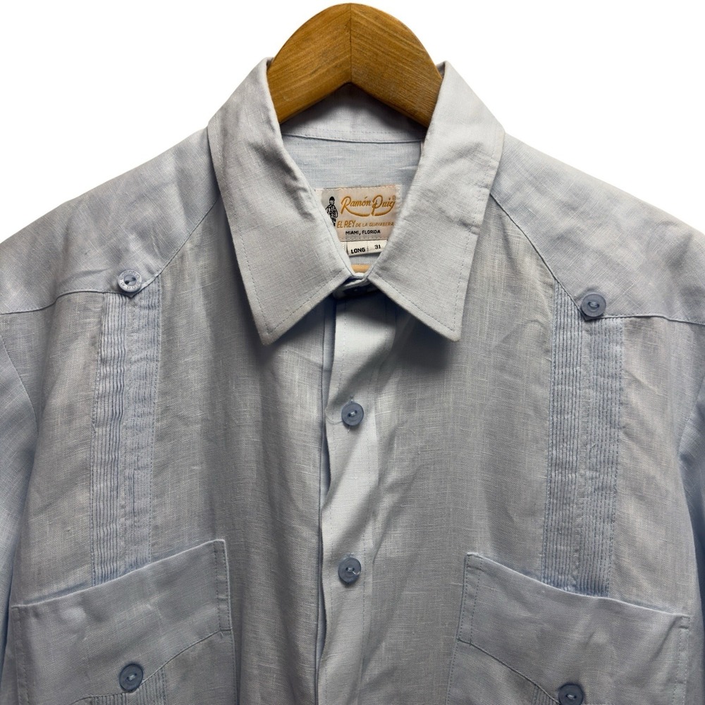 Ramon Puig Men's Size XL 31 Long Guayabera 4 Pocket Cuban Light Blue Linen Shirt